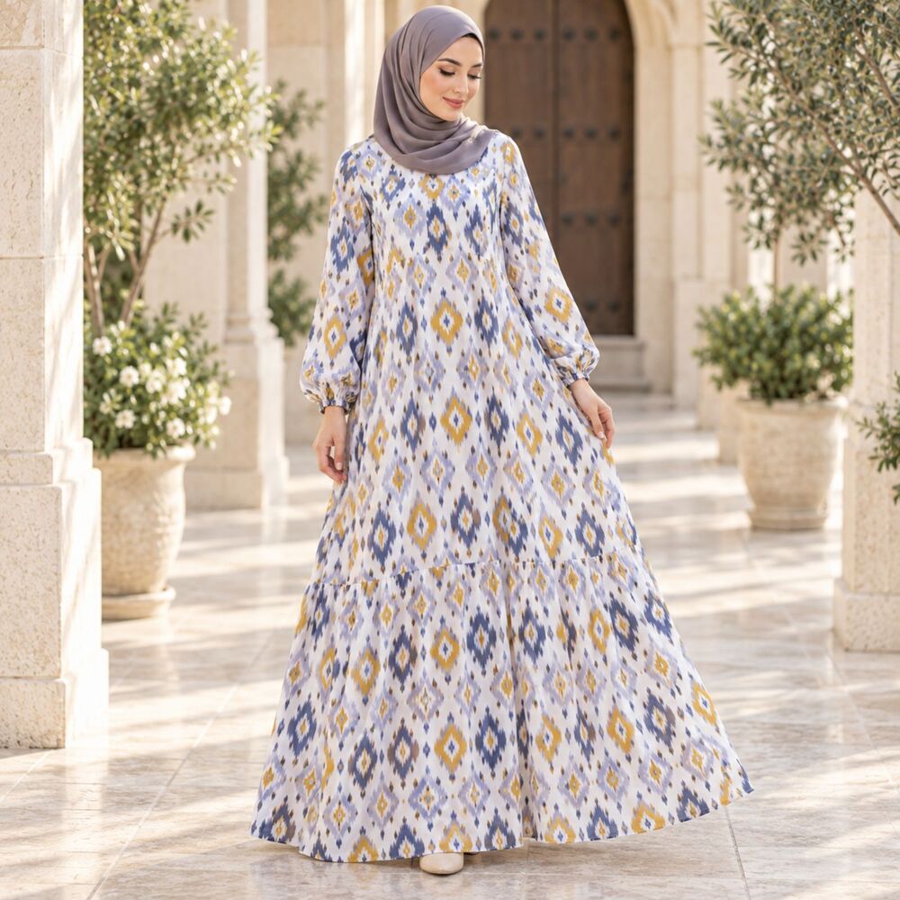 Bazar Al Haya Sadia Geometric Abaya Maxi Dress White Mustard Blue L NWT